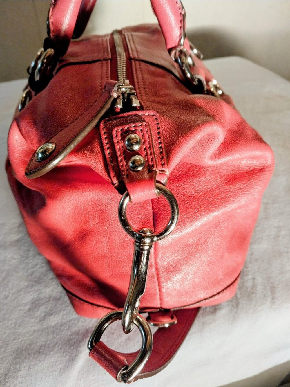 Coach Ashley Coral Pink Leather Satchel Pleated Silver Hardware Hobo Bag F15445 - Picture 5 of 11
